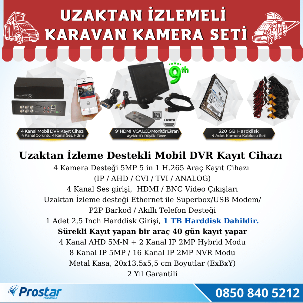 Karavan 1 Tb Harddiskli 9 Inç Hdmi Monitörlü 4 Kameralı Uzaktan İzlemeli Kayıtlı Kamera Seti