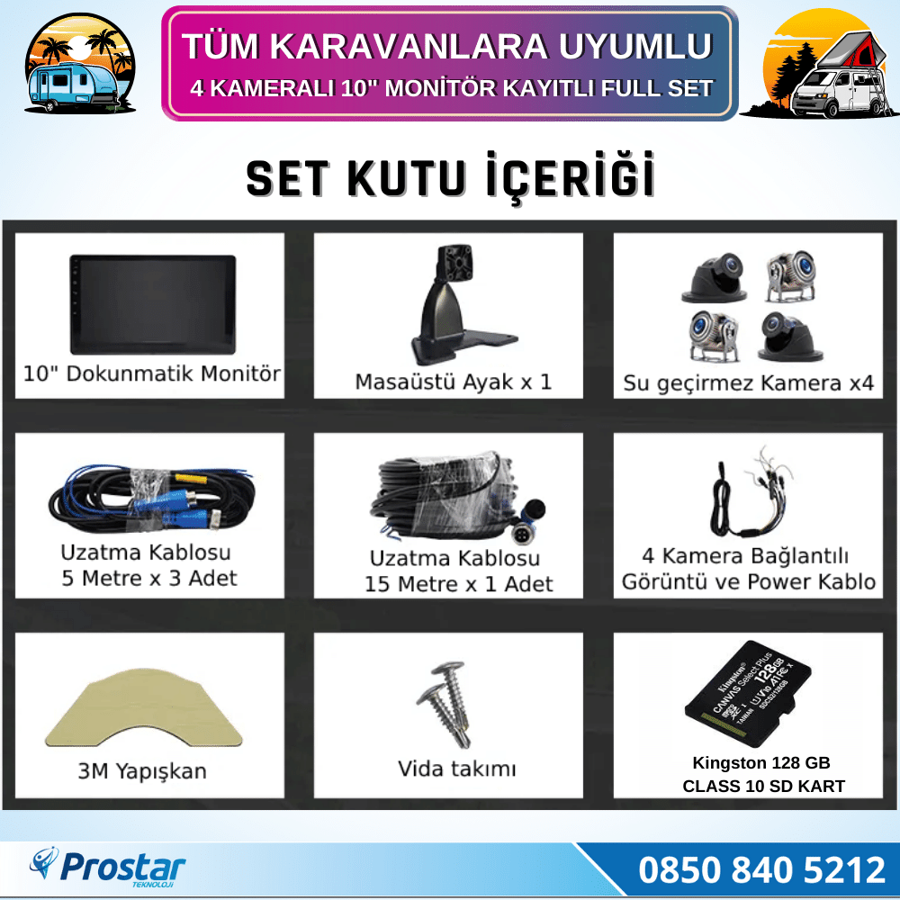 Karavan Kamera Seti 128 Gb Sd Dahil 4 Kameralı 10 Inç Dokunmatik Ekranlı Tak Kullan