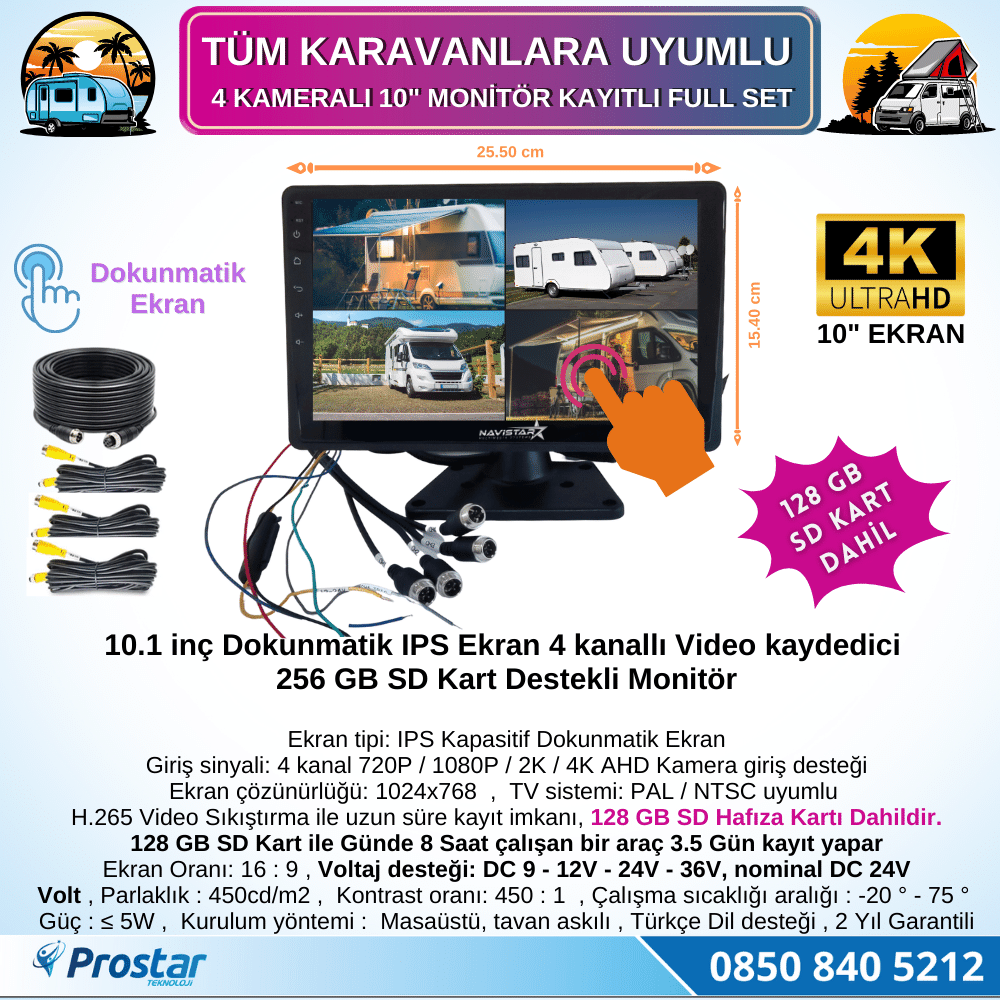 Karavan Kamera Seti 128 Gb Sd Dahil 4 Kameralı 10 Inç Dokunmatik Ekranlı Tak Kullan