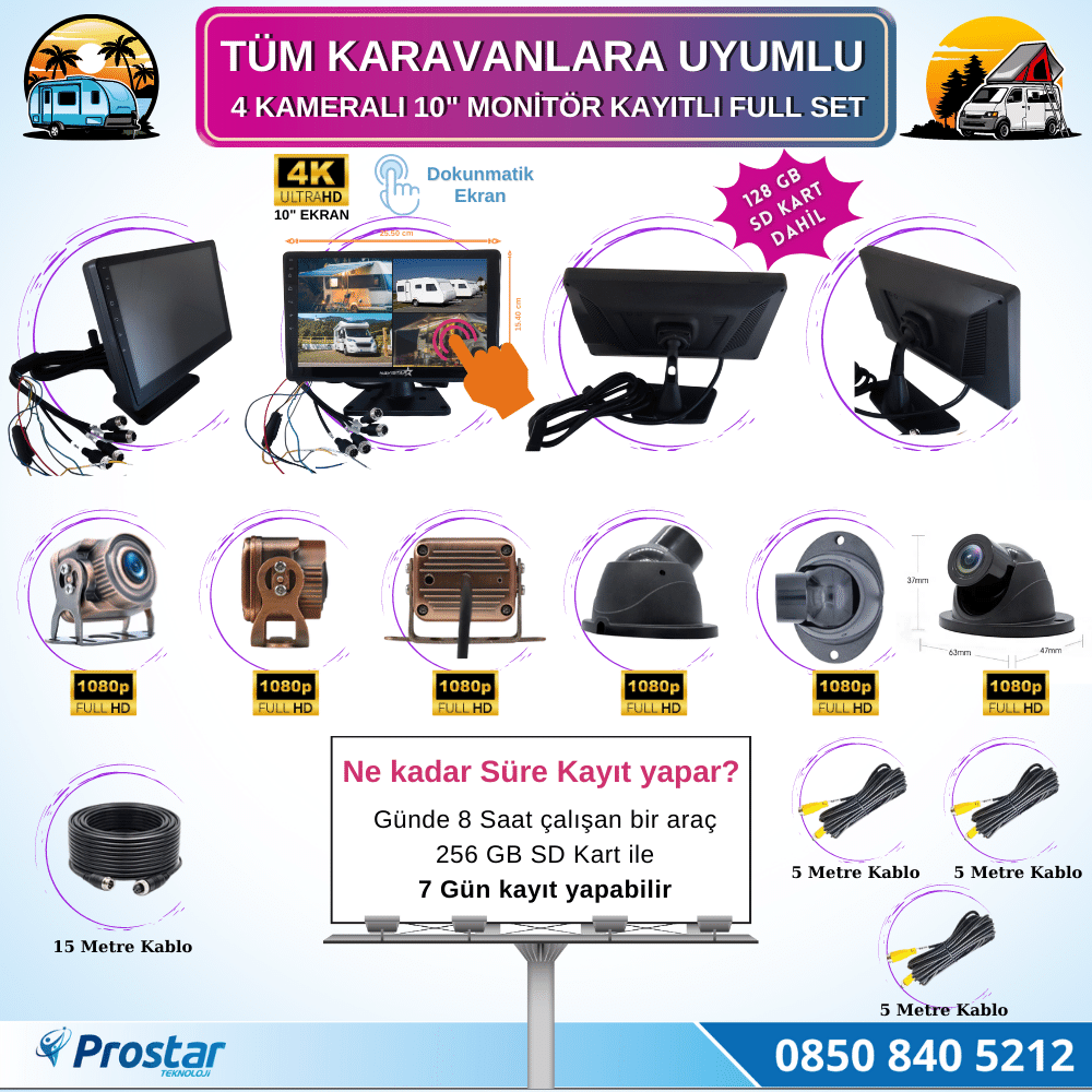 Karavan Kamera Seti 128 Gb Sd Dahil 4 Kameralı 10 Inç Dokunmatik Ekranlı Tak Kullan