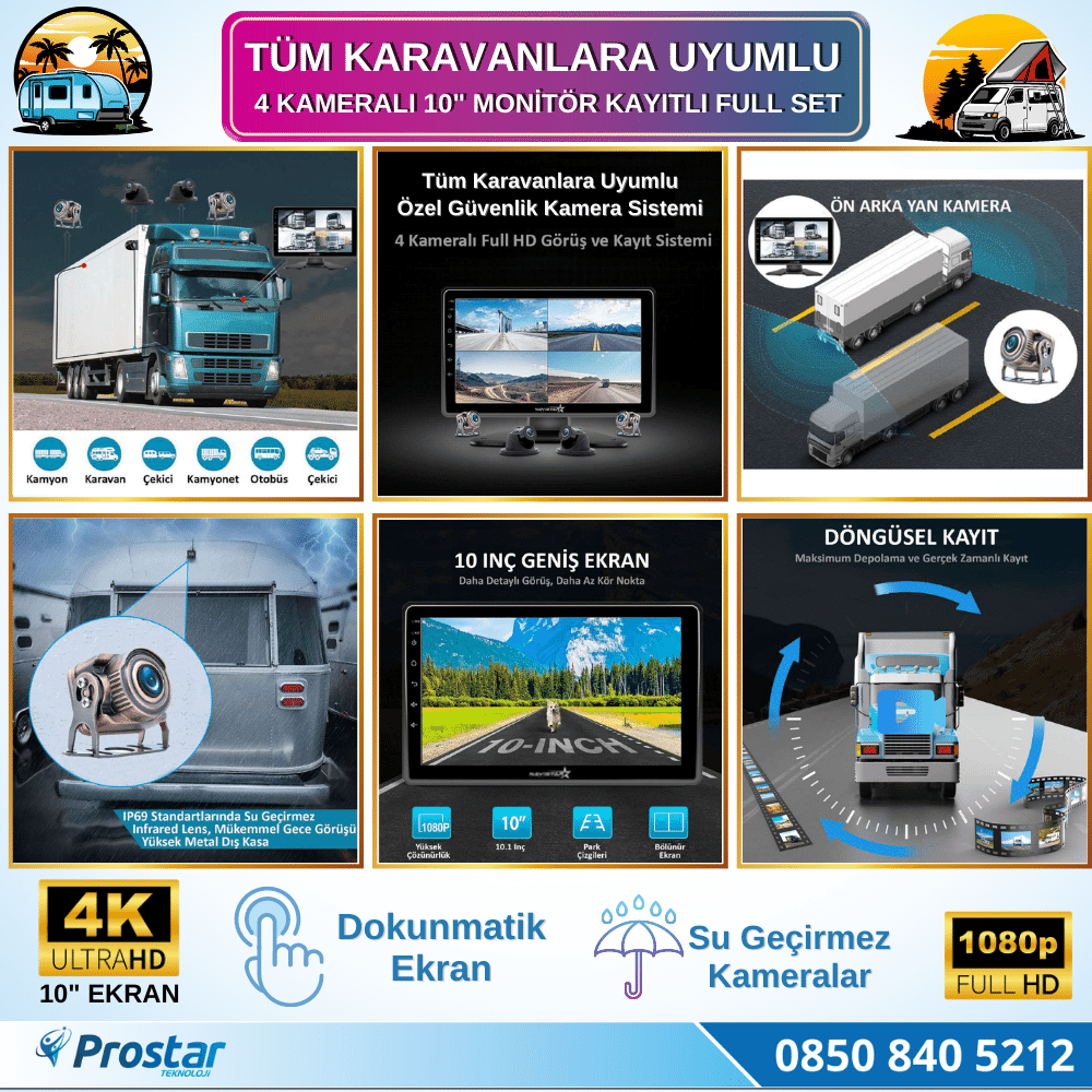 Karavan Kamera Seti 128 Gb Sd Dahil 4 Kameralı 10 Inç Dokunmatik Ekranlı Tak Kullan