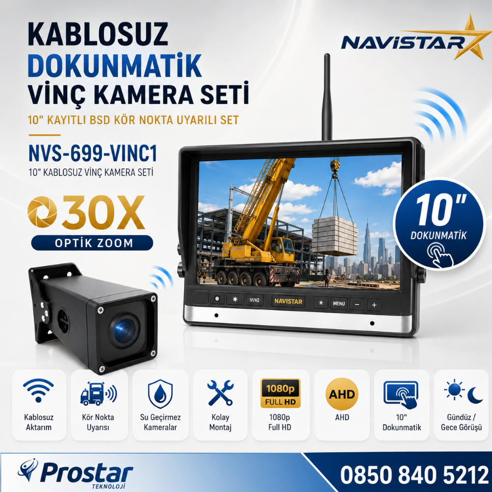 Kayıtlı 10" Dokunmatik Kablosuz Vinç Kamera Seti 30X Optik Zoom Full HD 1080p BSD Kör Nokta Uyarılı