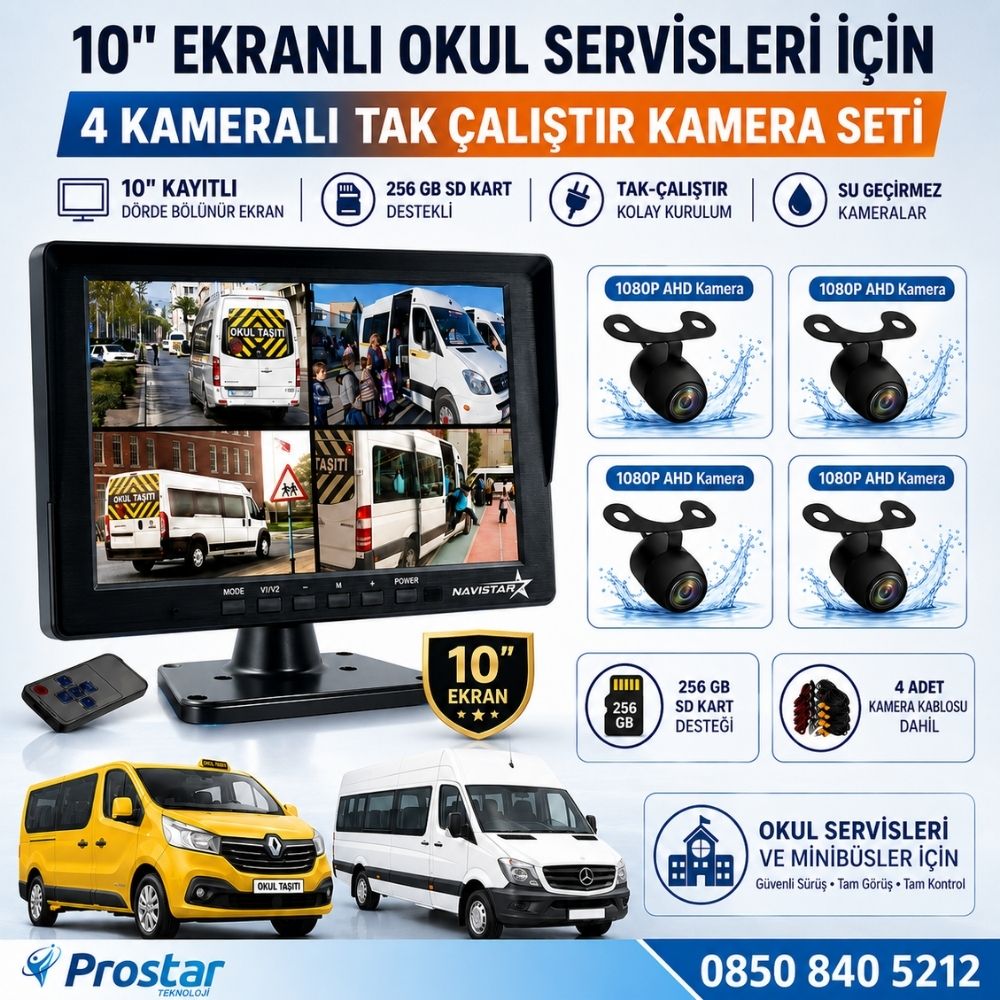 Kayıtlı 10" Dörde Bölünebilir 4 Kameralı Ahd 720P Okul Servisler Için Kamera Seti