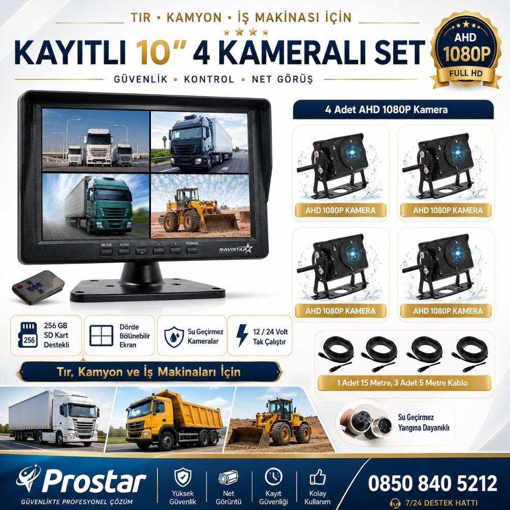 Kayıtlı 10" Dört Kameralı 256 Gb Sd Destekli Ahd Tır Kamyon Ve İş Makinaları Için 12  24 Volt Tak Kullan Kamera Seti — kod 2970