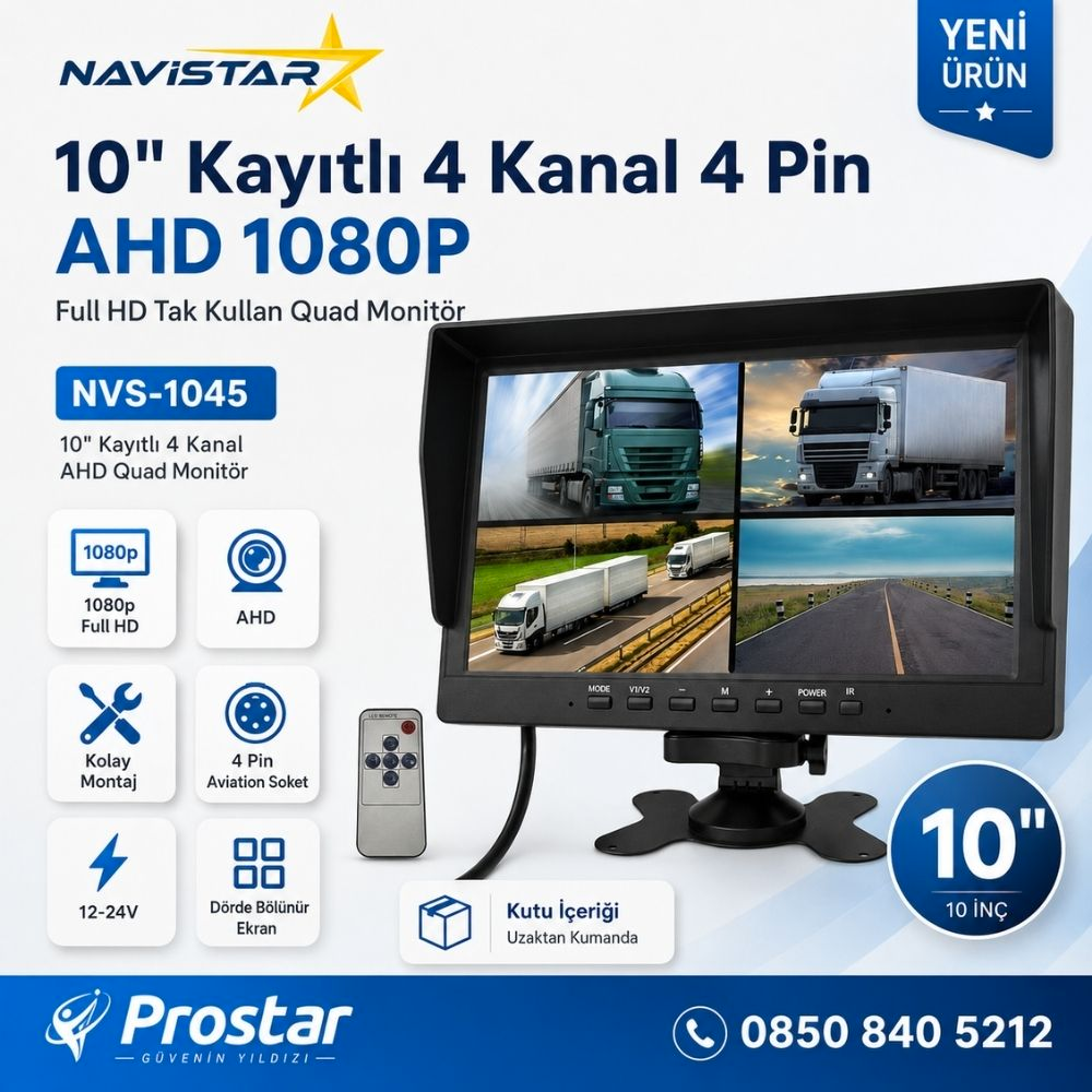 Kayıtlı 10 inç 4 Kanal Full HD Tak Kullan Quad AHD Analog Uyumlu Araç Monitörü 12-24V