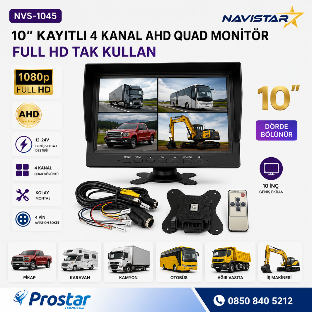 Kayıtlı 10 inç 4 Kanal Full HD Tak Kullan Quad AHD Analog Uyumlu Araç Monitörü 12-24V