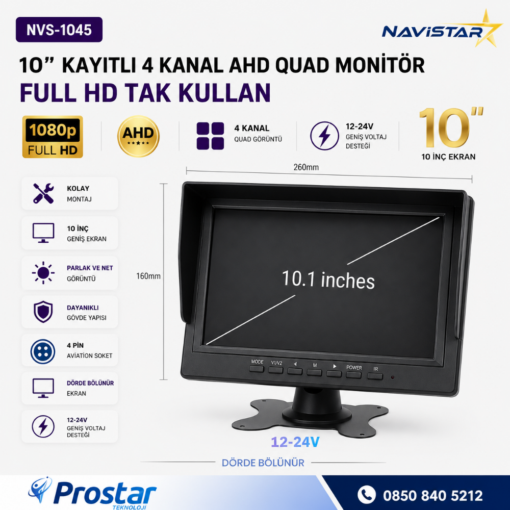 Kayıtlı 10 inç 4 Kanal Full HD Tak Kullan Quad AHD Analog Uyumlu Araç Monitörü 12-24V