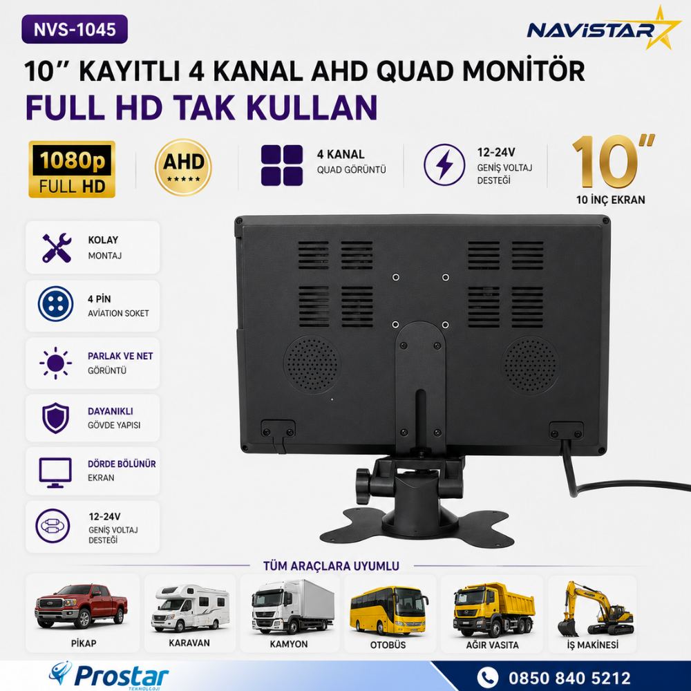 Kayıtlı 10 inç 4 Kanal Full HD Tak Kullan Quad AHD Analog Uyumlu Araç Monitörü 12-24V