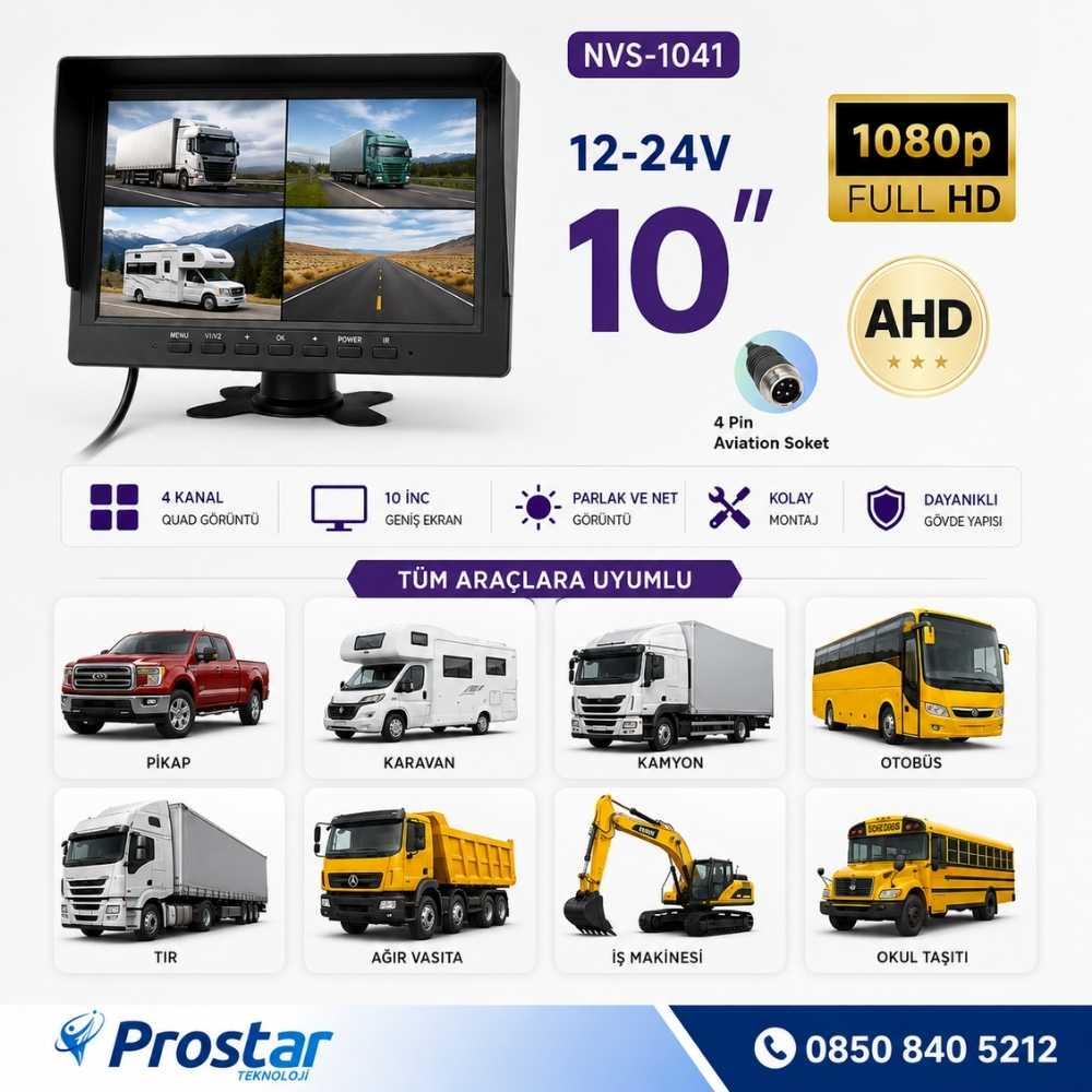 Kayıtlı 10 inç 4 Kanal Full HD Tak Kullan Quad AHD Analog Uyumlu RCA AV Araç Monitörü 12-24V