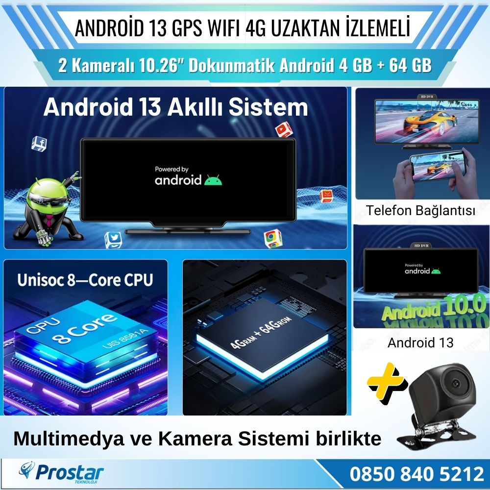 Kayıtlı 2 Kameralı Android 13 WIFI GPS 4G Uzaktan izlemeli 4 GB + 64 GB Carplay 512 GB Destekli Tak Kullan Kamera Seti