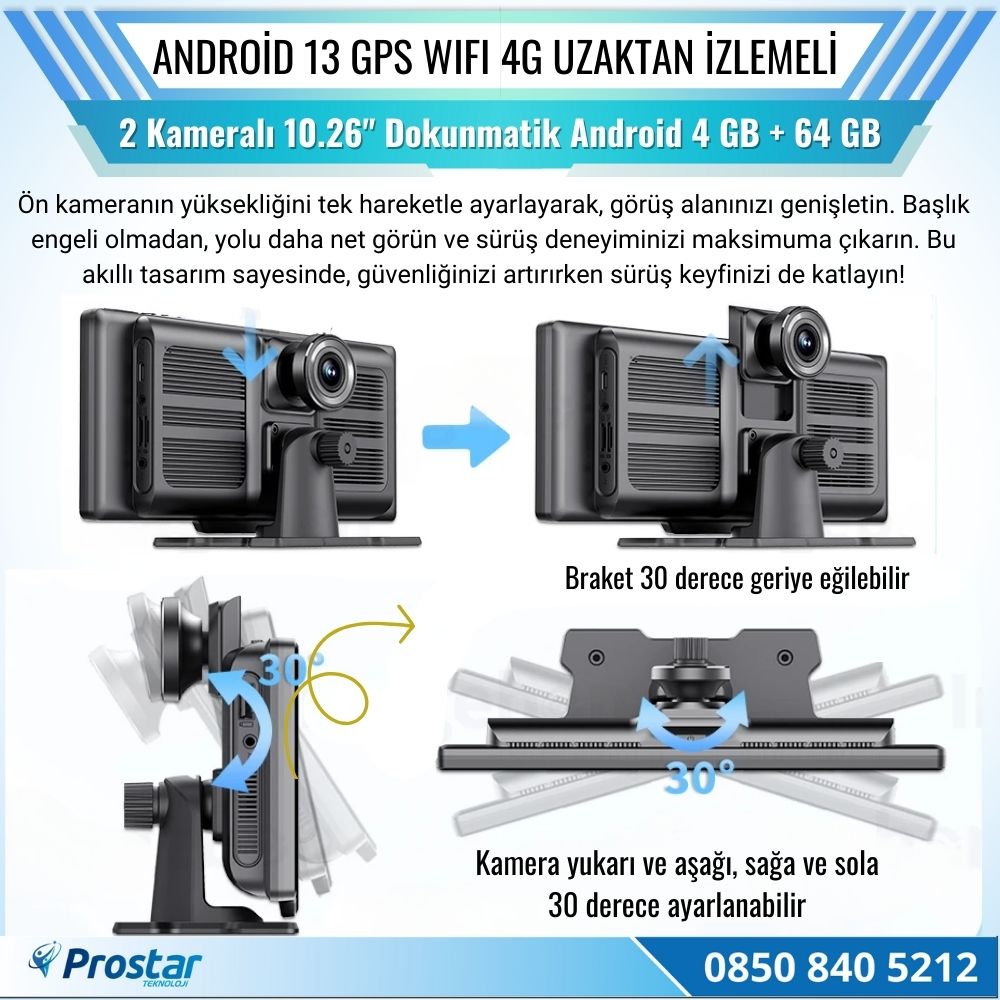 Kayıtlı 2 Kameralı Android 13 WIFI GPS 4G Uzaktan izlemeli 4 GB + 64 GB Carplay 512 GB Destekli Tak Kullan Kamera Seti
