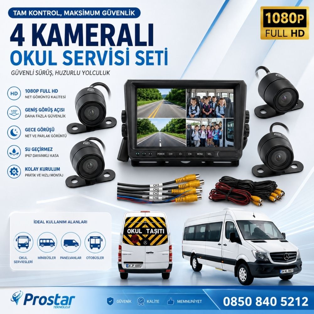 Kayıtlı 4 Kamera Dahil 7 inç Monitörlü Araç Kamera Seti 256 GB Sd Kart Desteği