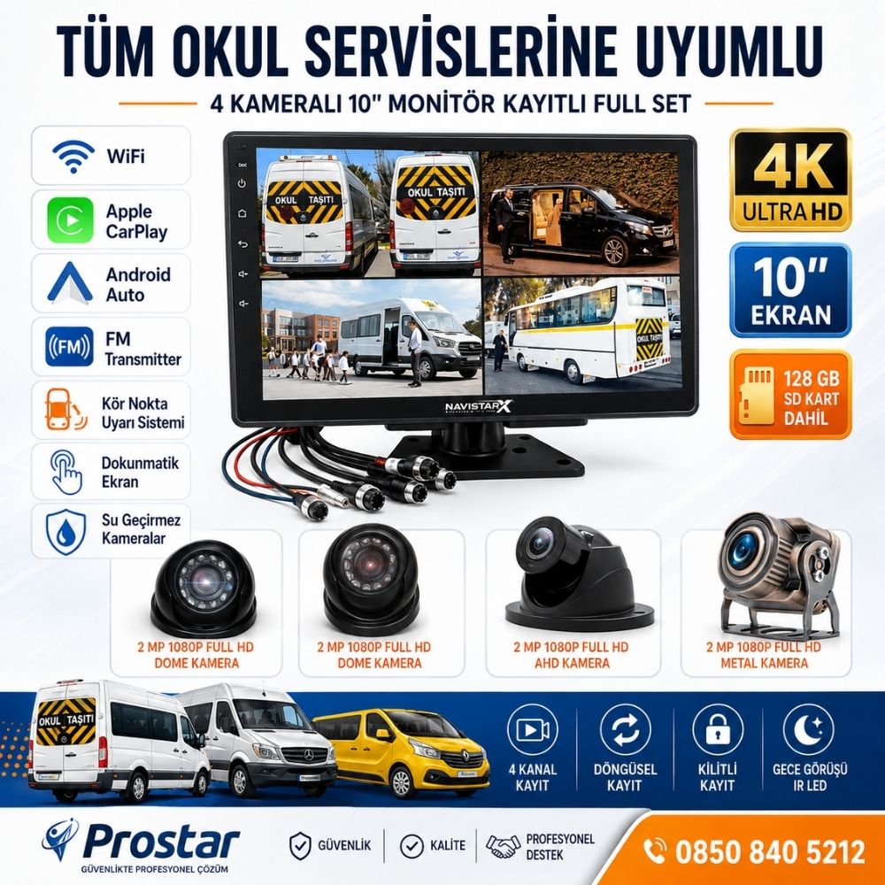 Kayıtlı 4 Kameralı 10 Inç Dokunmatik Ekranlı 128 Gb Sd Dahil Servis Okul Kamera Seti