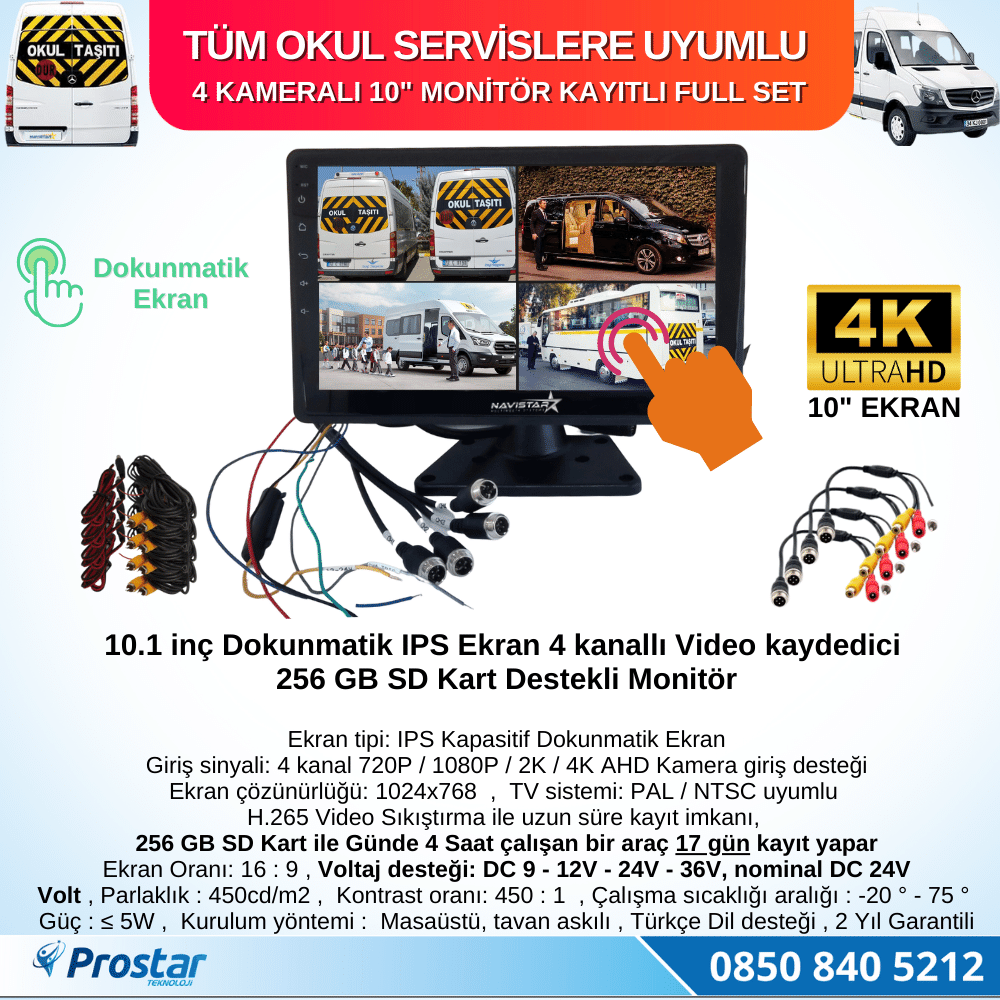 Kayıtlı 4 Kameralı 10 Inç Dokunmatik Monitör 256 Gb Sd Destekli Okul Servis Kamera Seti