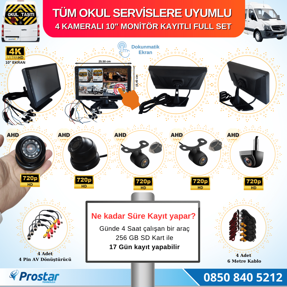 Kayıtlı 4 Kameralı 10 Inç Dokunmatik Monitör 256 Gb Sd Destekli Okul Servis Kamera Seti
