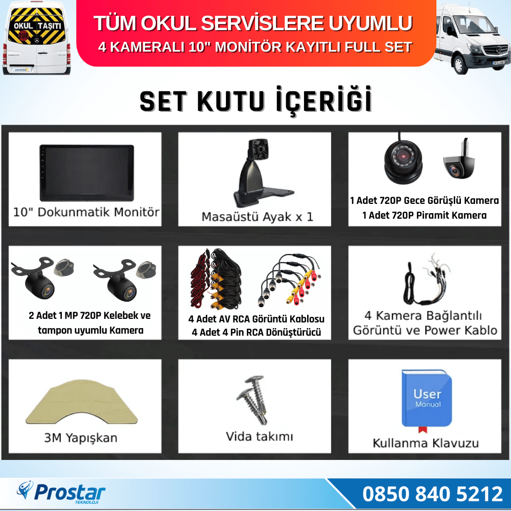 Kayıtlı 4 Kameralı 10 Inç Dokunmatik Monitör 256 Gb Sd Destekli Okul Servis Kamera Seti