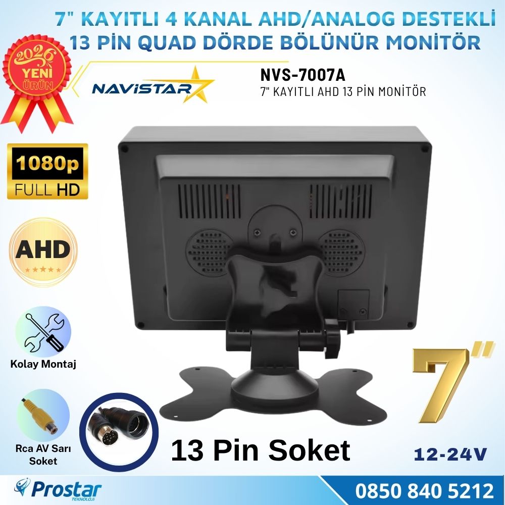 Kayıtlı 7 inç 4 Kanal 13 Pin IPS AHD 1080P 720P Analog 256 GB SD Destekli Quad Araç Monitörü 12-24V