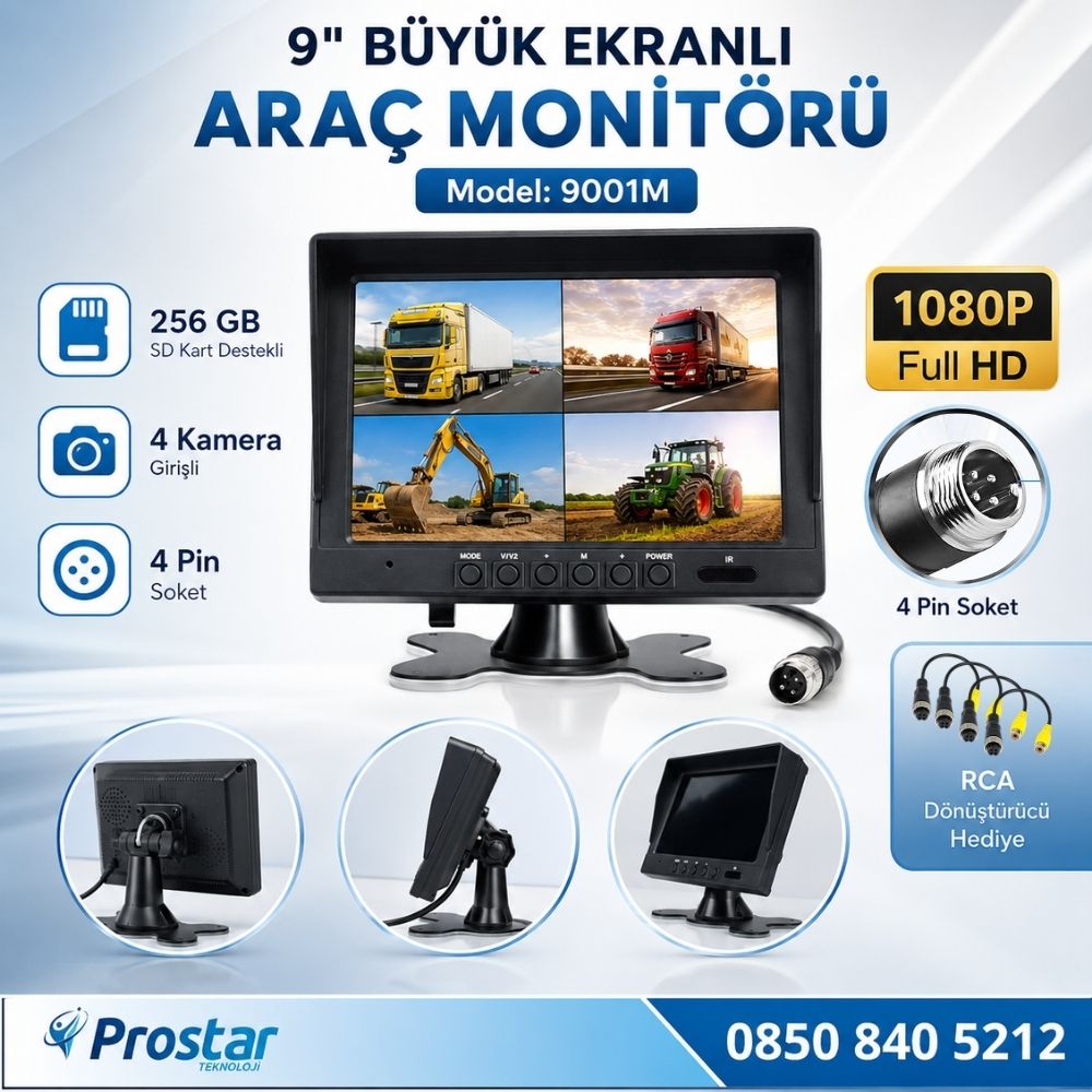 Kayıtlı 9" Monitörlü Ahd 720P/1080P Uyumlu 256Gb Sd Destekli 4Pin Kamera Destekli