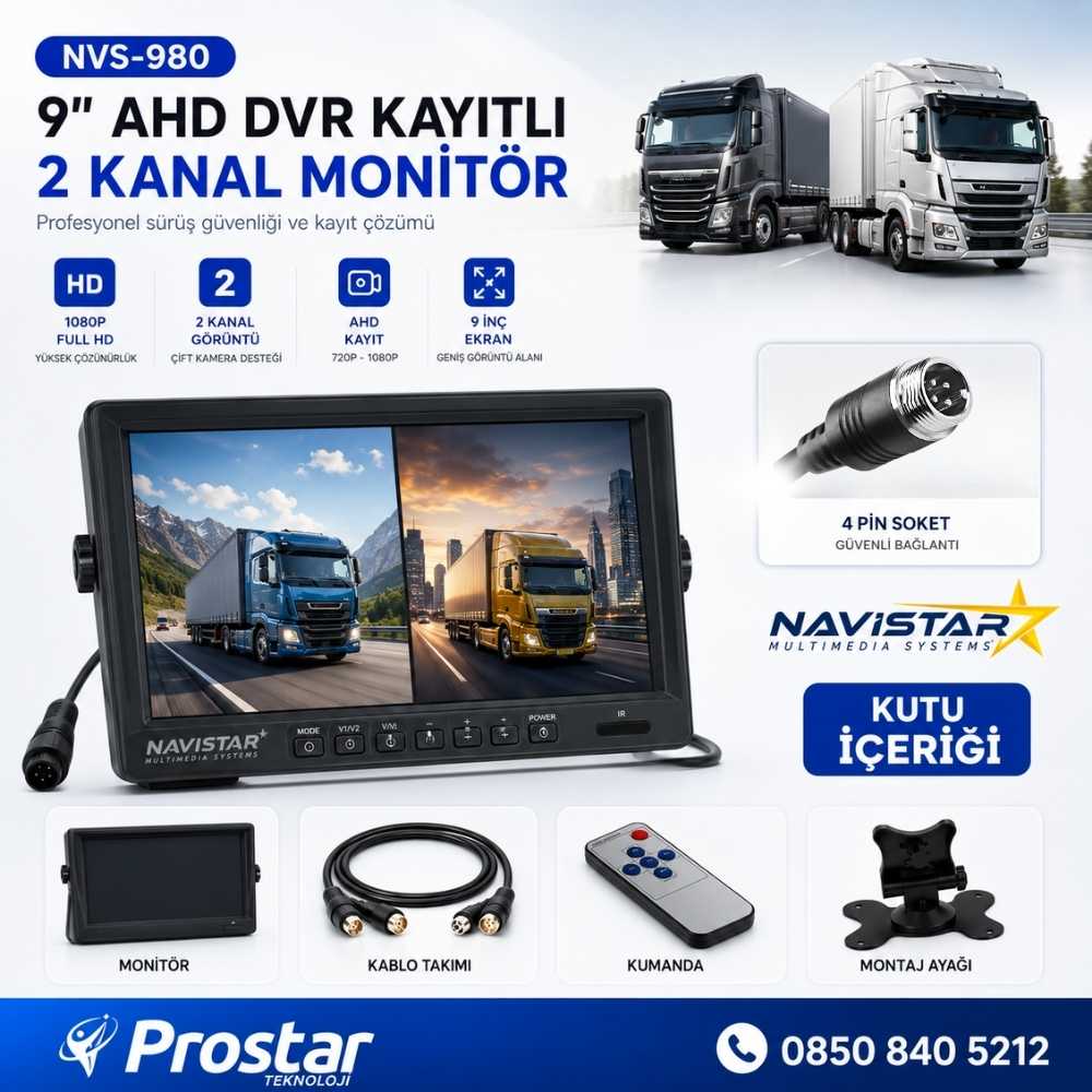 Kayıtlı 9 inç ikiye Bölen 2 Kanal Split AHD 1080P/720P destekli 4 Pin 256 GB SD Destekli Monitör