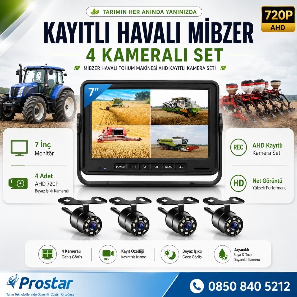 Kayıtlı Ahd Mibzer Havalı Tohum Makinesi 4 Kameralı 7 Inç Monitörlü 720P Araç Seti