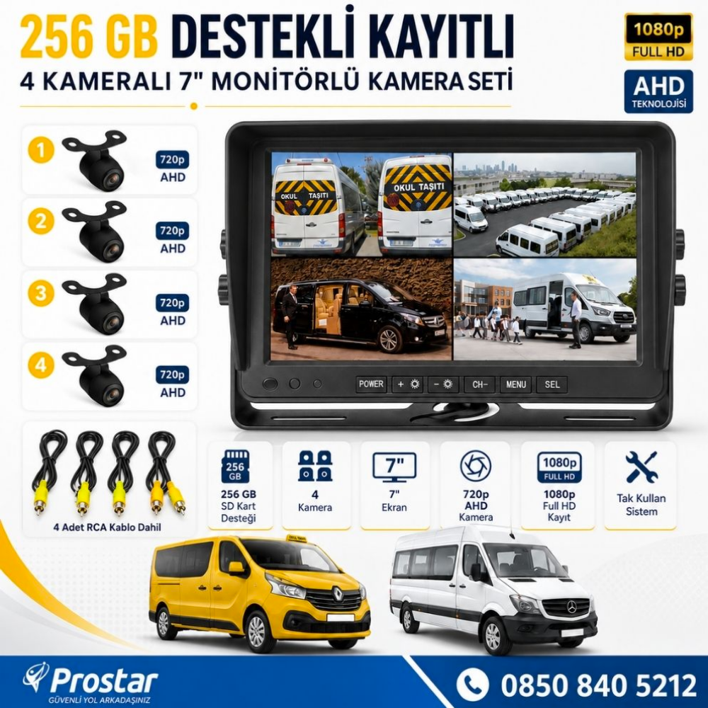 Kayıtlı Ahd Okul Servisler Için 4 Kameralı 7 Inç Monitörlü 720P Araç Kamera Seti