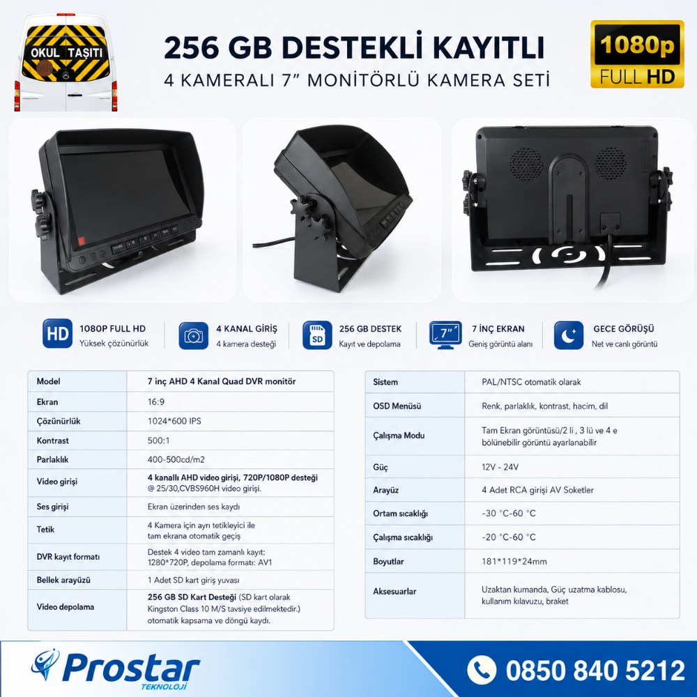 Kayıtlı Ahd Okul Servisler Için 4 Kameralı 7 Inç Monitörlü 720P Araç Kamera Seti