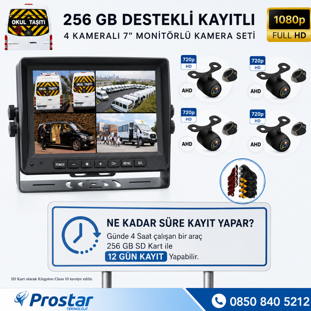 Kayıtlı Ahd Okul Servisler Için 4 Kameralı 7 Inç Monitörlü 720P Araç Kamera Seti