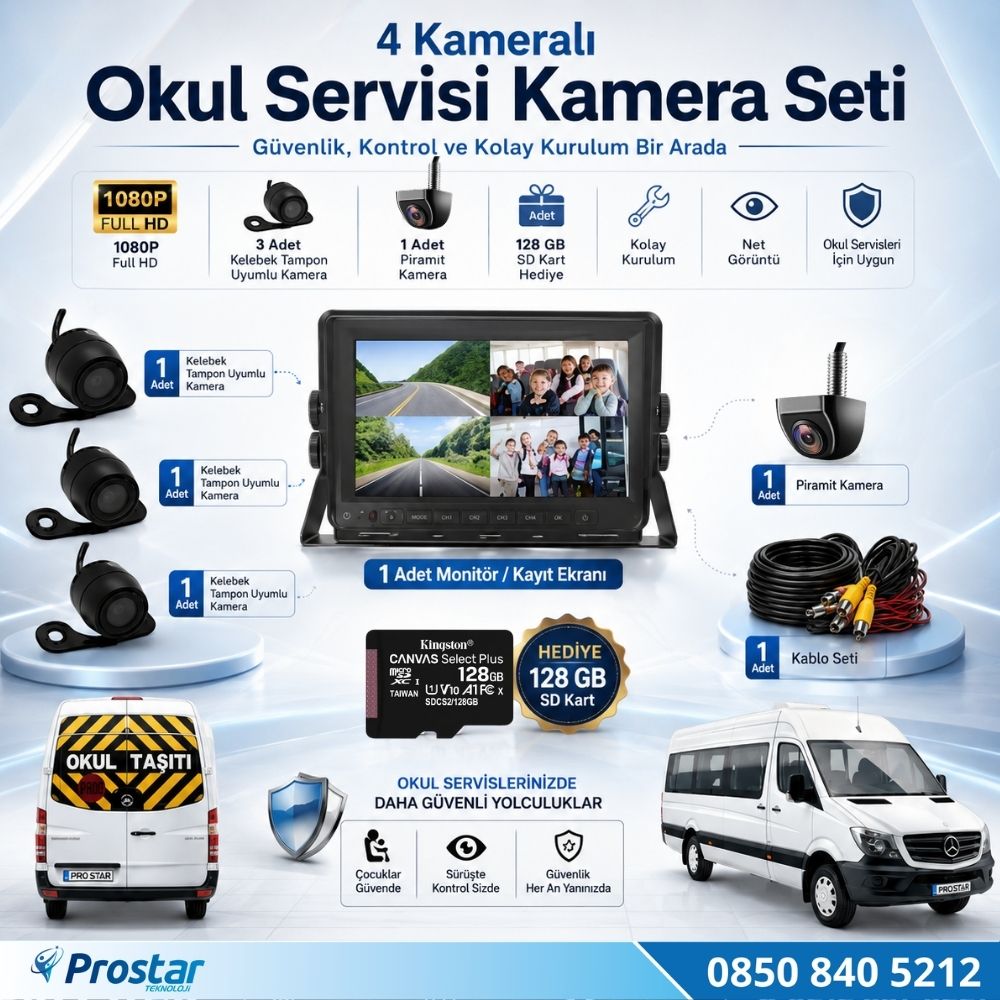 Kayıtlı Okul Ve Servis Araçları 4 Lü Kamera 7 inç Monitör Full Set + 128 Gb Sd Kart Dahil