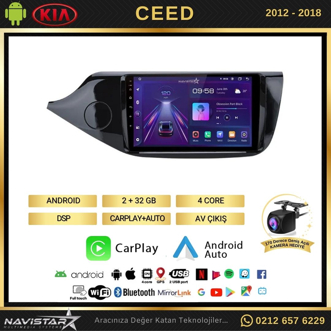 Kia Ceed 2012-2018 Model 2+64GB Android 13 Kablosuz Carplay Navigasyon Multimedya Sistemi