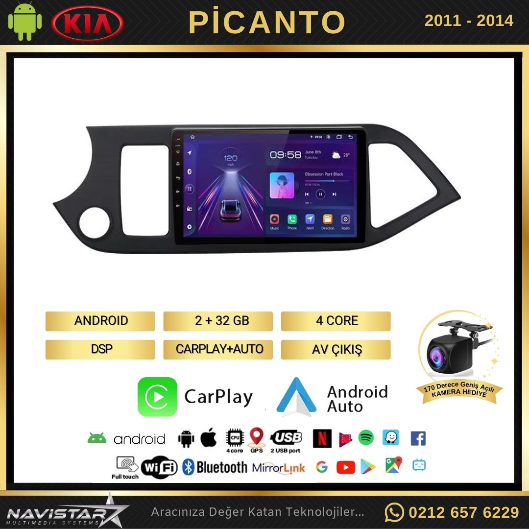 Kia Picanto 2011-2014 Model 2+64GB Android 13 Kablosuz Carplay Navigasyon Multimedya Sistemi