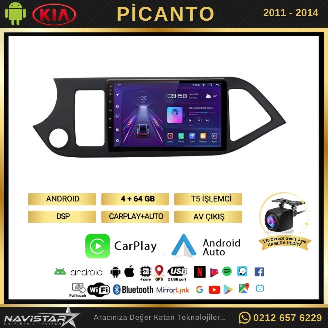 Kia Picanto 2011-2014 Model 4+64GB Android 13 Kablosuz Carplay Navigasyon Multimedya Sistemi