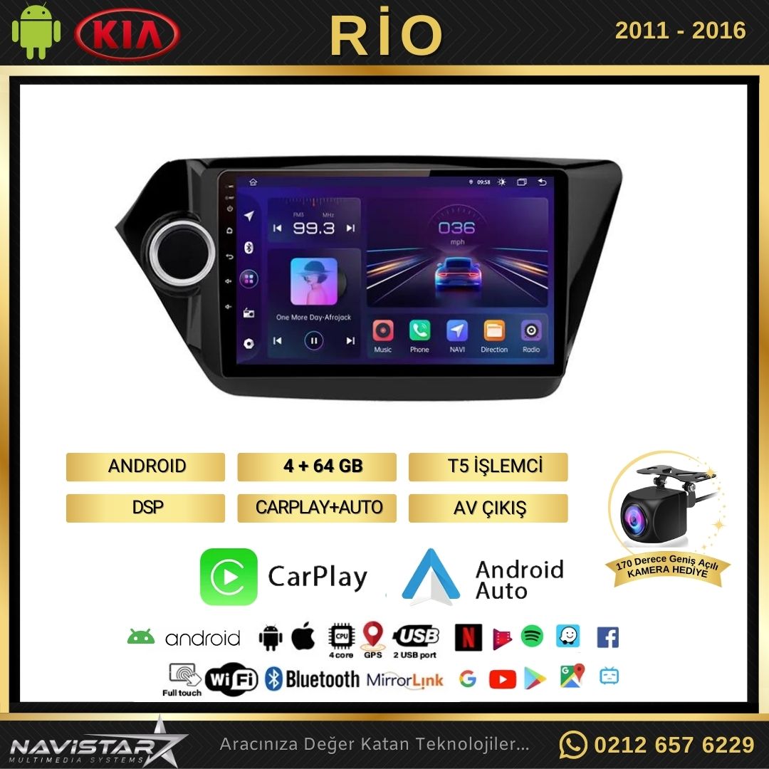 Kia Rio 2011-2016 Model 4+64 GB Android 13 Kablosuz Carplay Navigasyon Multimedya Sistemi
