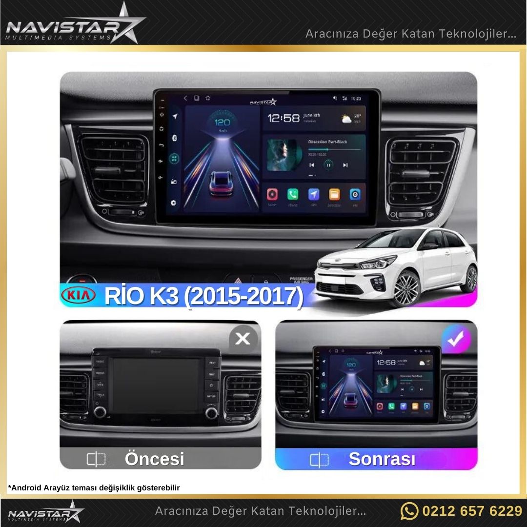 Kia Rio K3 2015-2017 Model 2+64GB Android 13 Kablosuz Carplay Navigasyon Multimedya Sistemi