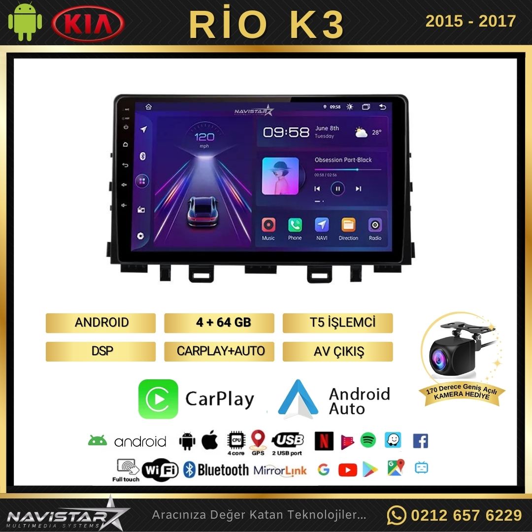 Kia Rio K3 2015-2017 Model 4+64 GB Android 13 Kablosuz Carplay Navigasyon Multimedya Sistemi
