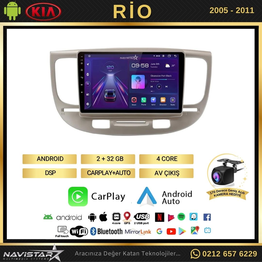 Kia Rio2 2005-2011 Model 2+64GB Android 13 Kablosuz Carplay Navigasyon Multimedya Sistemi