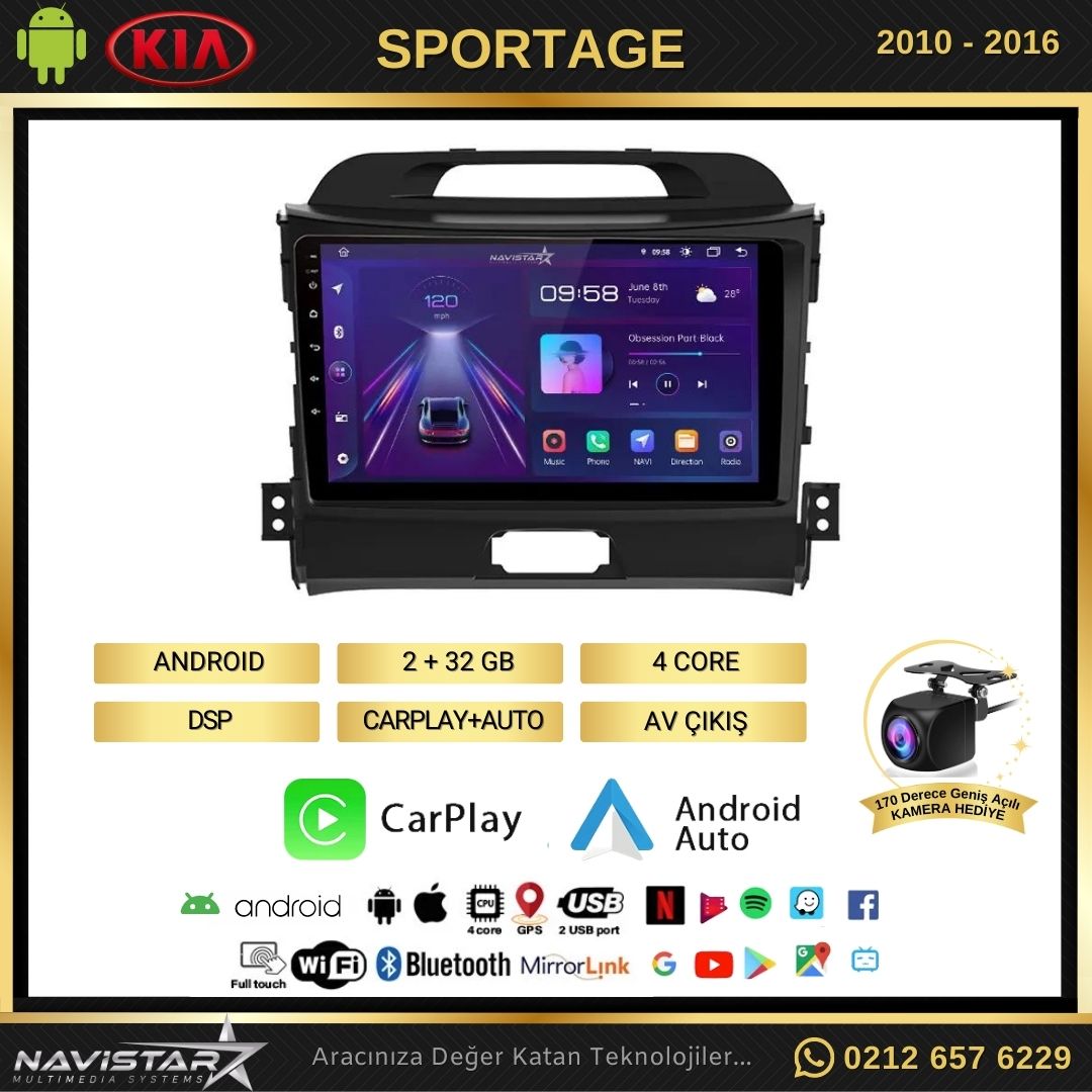 Kia Sportage 2+64GB Kablosuz Carplay 2010-2016 Android 13 Navigasyon Multimedya Sistemi