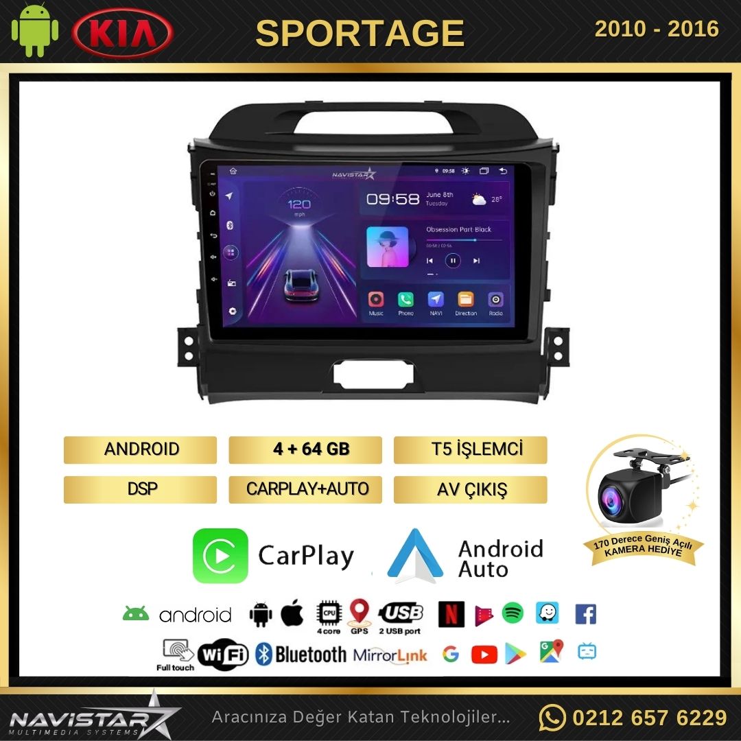 Kia Sportage 4GB + 64GB Kablosuz Carplay 2010-2016 Android 13 Navigasyon Multimedya Sistemi