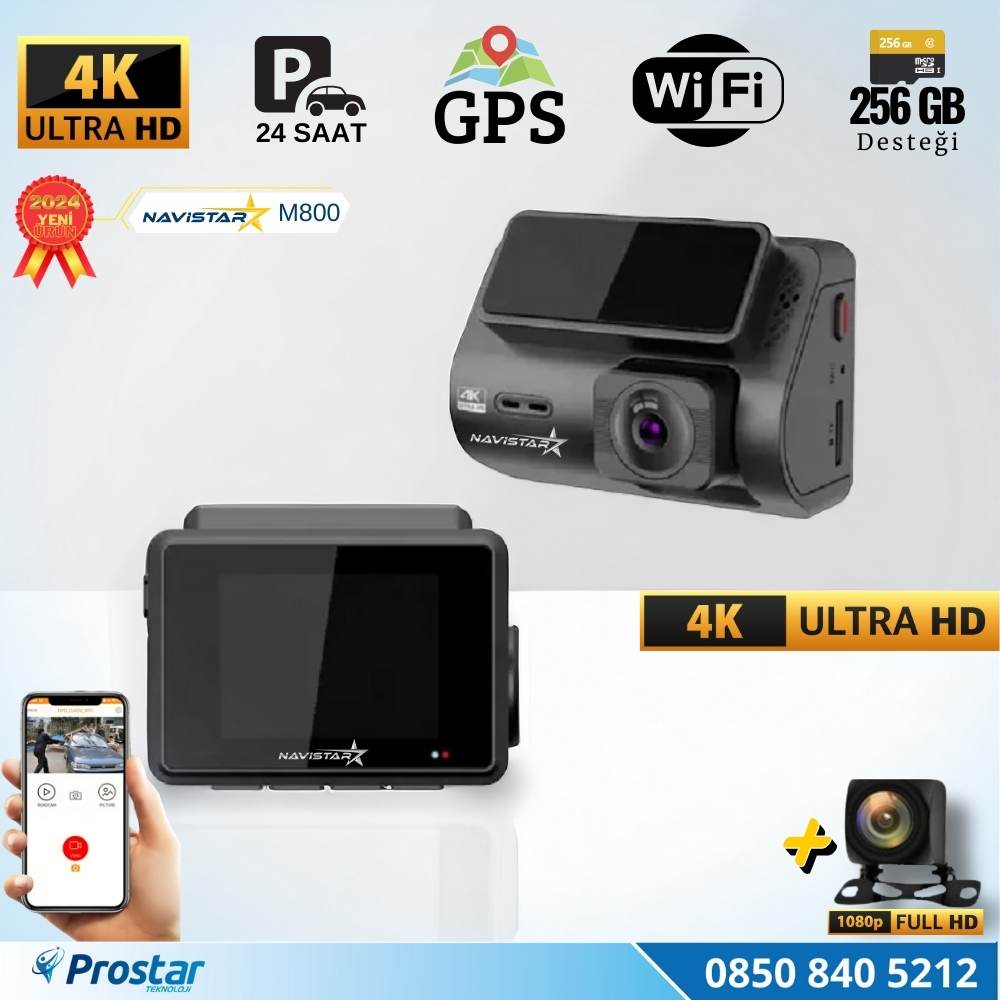 M800 Wifi + GPS 4K Çift Kameralı 170° Geniş Açı Lens Gece Görüşlü Akıllı Araç İçi Kamera + 1080P Arka Kamera