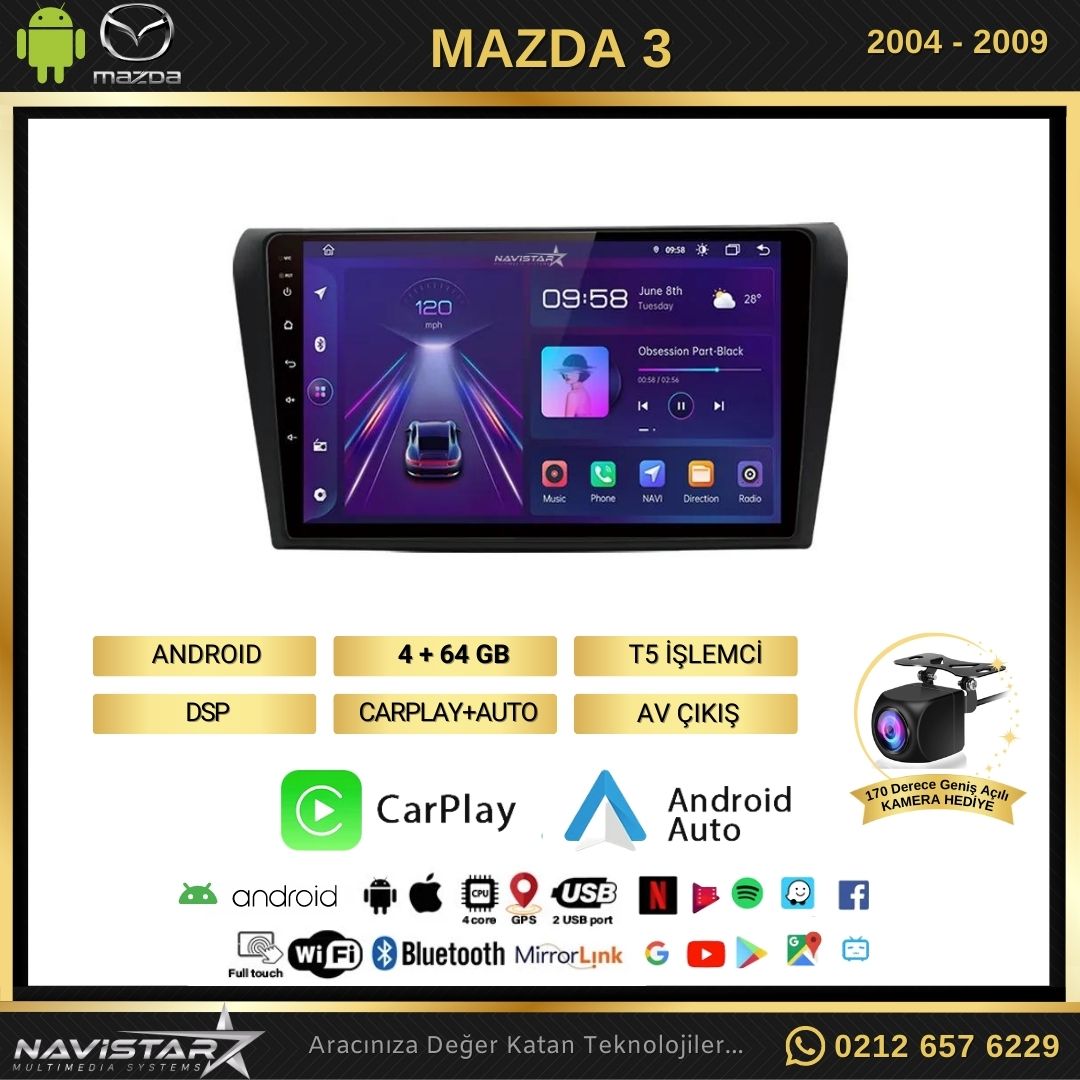 Mazda3 2004-2009 Model 4GB + 64GB Android 13 Kablosuz Carplay Navigasyon Multimedya Sistemi