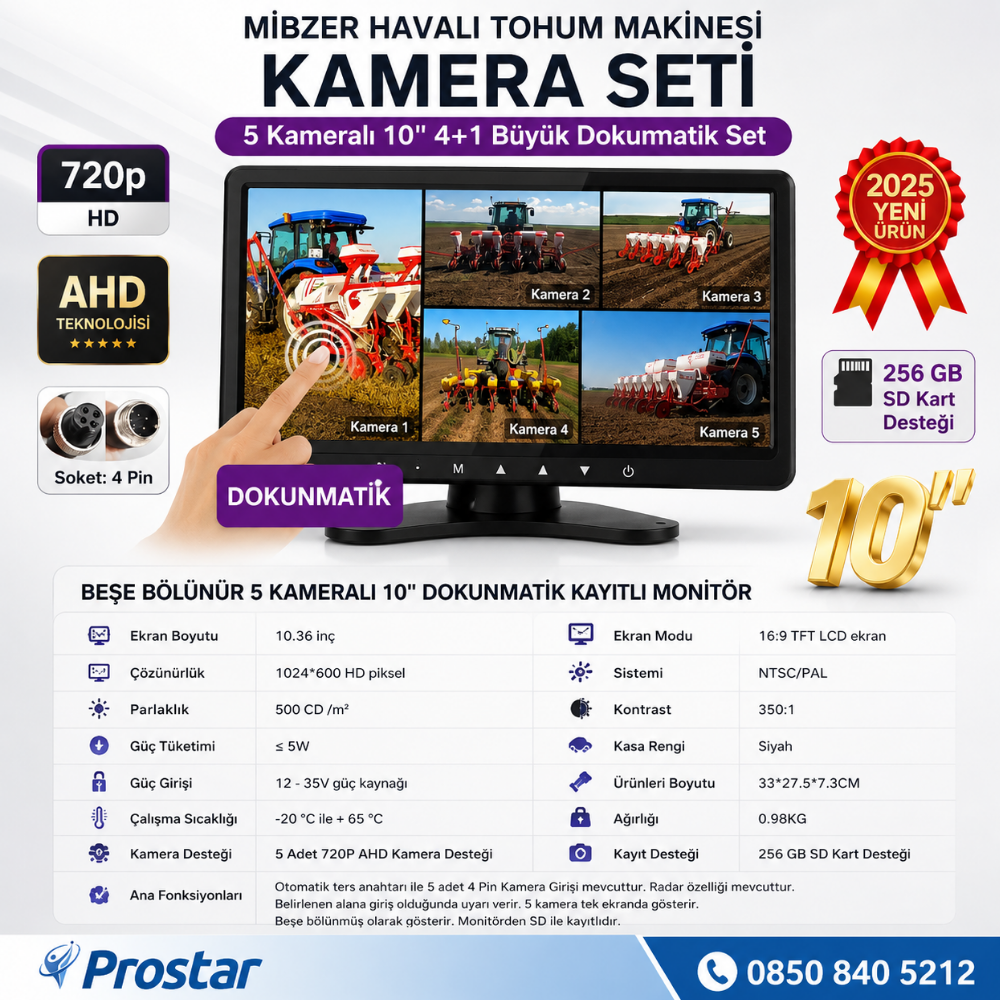 Mibzer için 4+1 Büyük Kameralı 10.36 inç Dokunmatik Monitör Beşe Bölen Kayıtlı 256 Gb Sd Kart Destekli