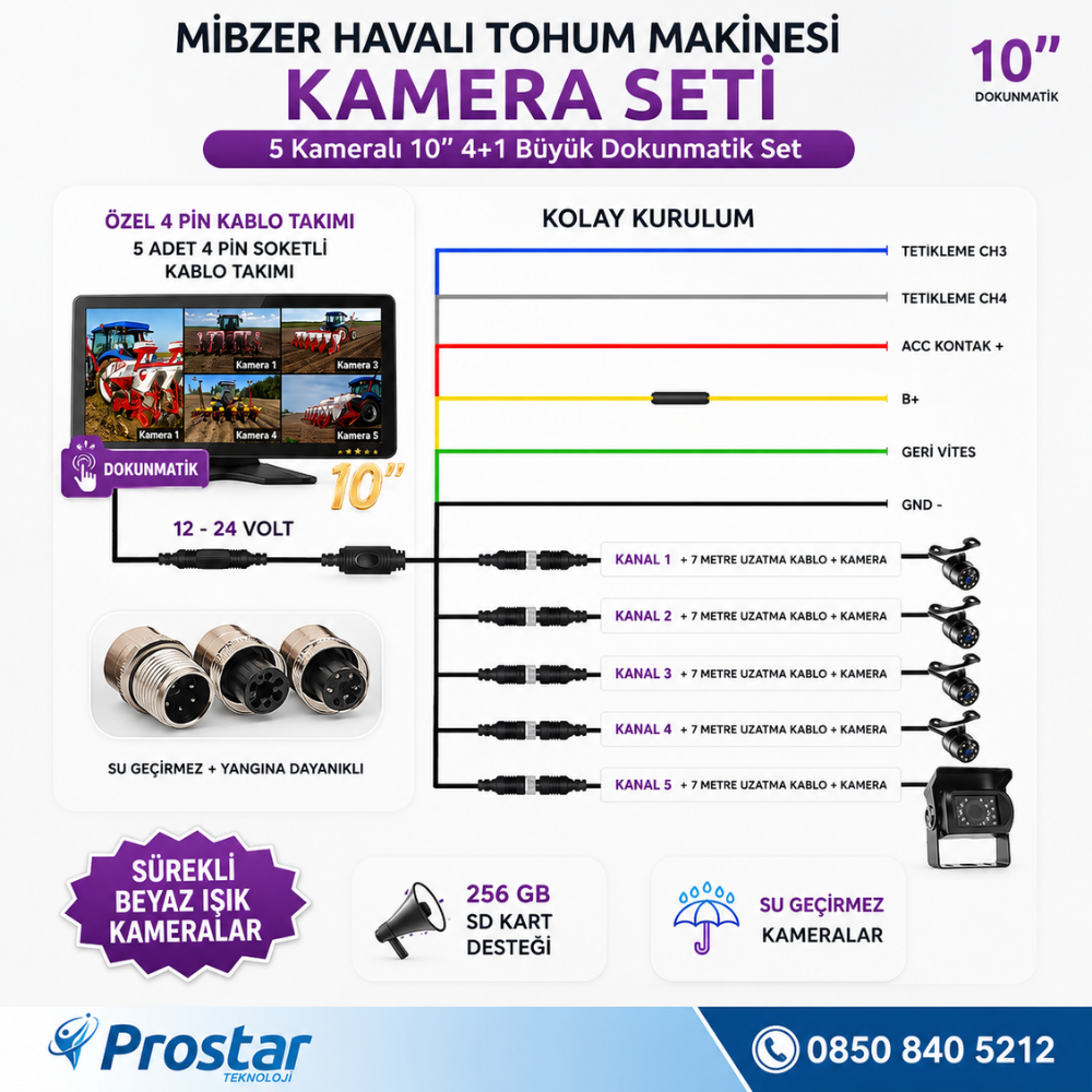 Mibzer için 4+1 Büyük Kameralı 10.36 inç Dokunmatik Monitör Beşe Bölen Kayıtlı 256 Gb Sd Kart Destekli