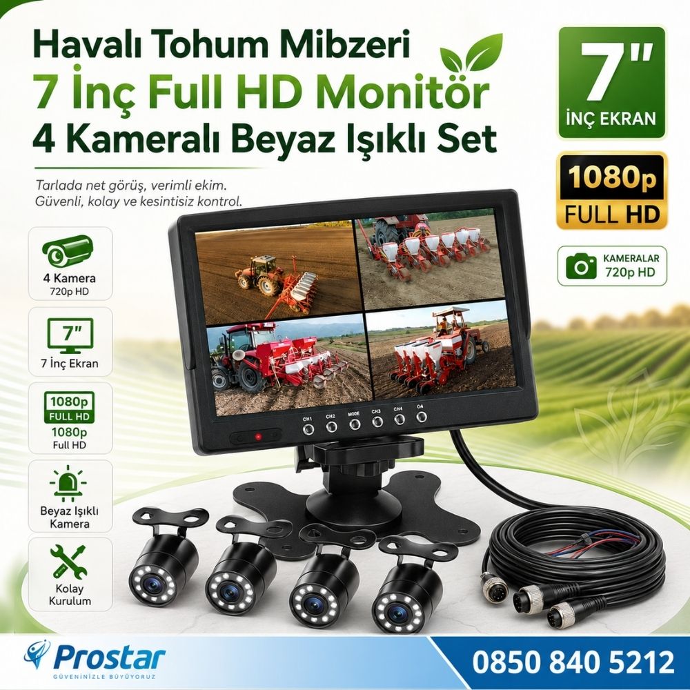 Mibzer için 4 Kameralı 720P Beyaz Işıklı 7 inç Dörde Bölünür AHD Monitör Seti