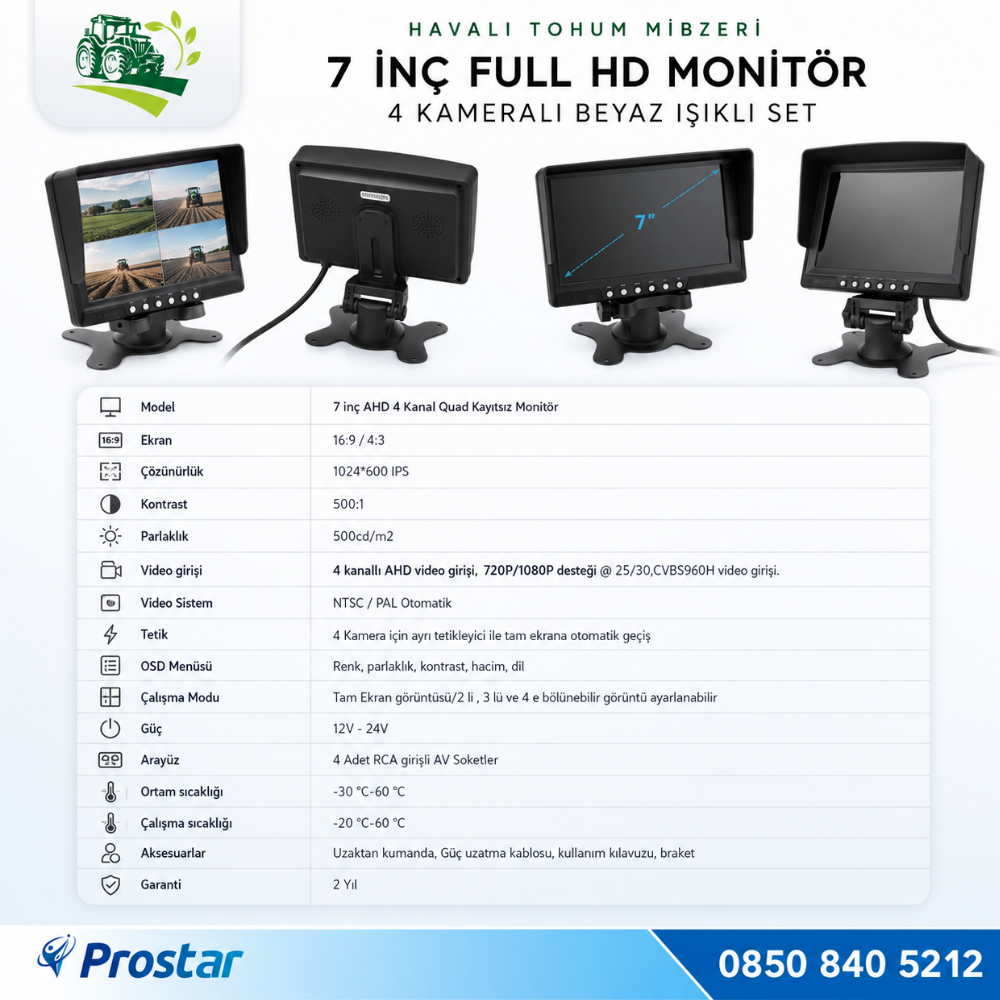 Mibzer için 4 Kameralı 720P Beyaz Işıklı 7 inç Dörde Bölünür AHD Monitör Seti