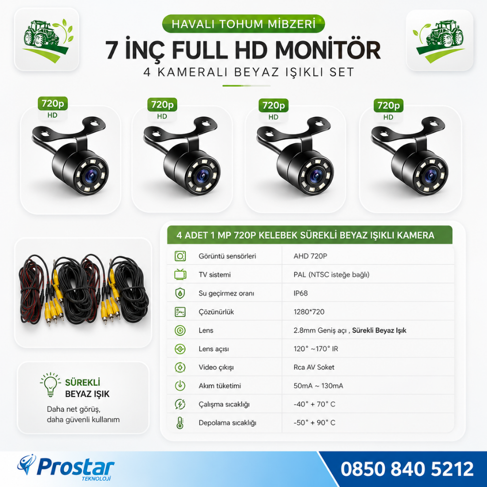 Mibzer için 4 Kameralı 720P Beyaz Işıklı 7 inç Dörde Bölünür AHD Monitör Seti