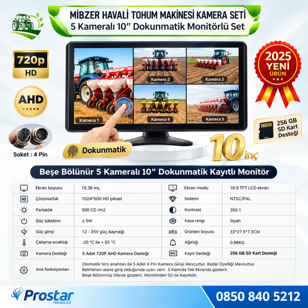 Mibzer için 5 Kameralı 10.36 inç Dokunmatik Monitör Beşe Bölen Kayıtlı 256 Gb Sd Kart Destekli