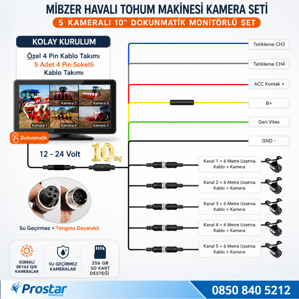 Mibzer için 5 Kameralı 10.36 inç Dokunmatik Monitör Beşe Bölen Kayıtlı 256 Gb Sd Kart Destekli