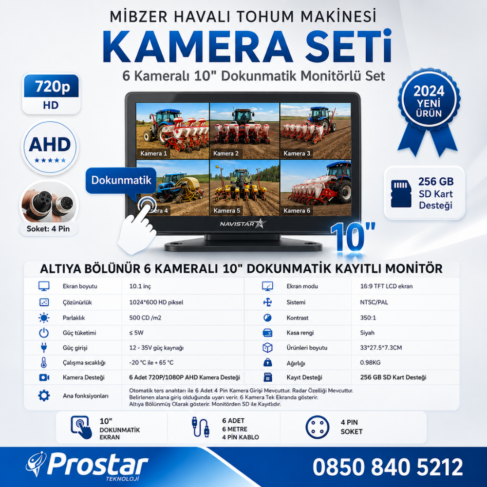 Mibzer için 6 Kameralı 10 inç Dokunmatik Monitör Altıya Bölen Kayıtlı 256 Gb Sd Kart Destekli