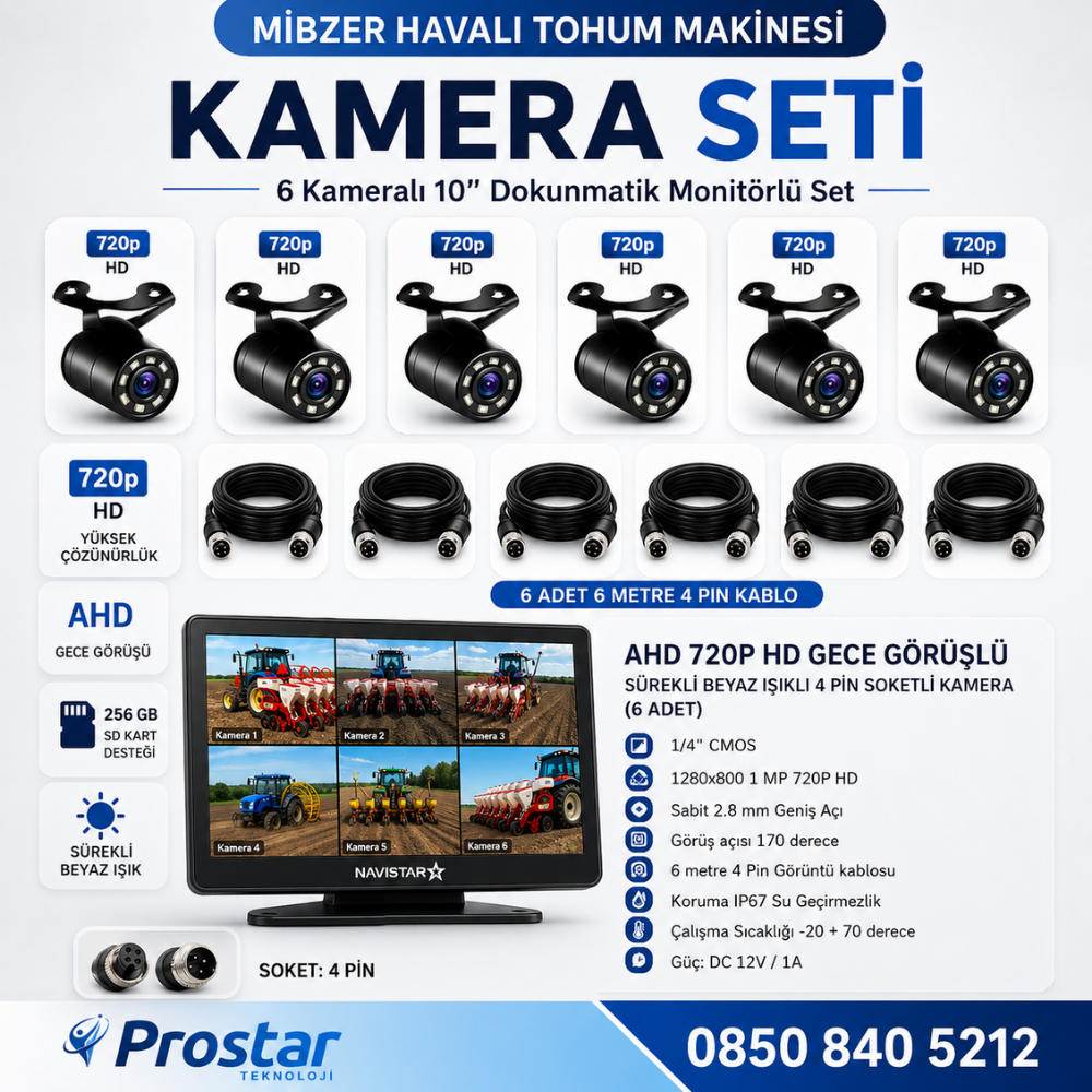 Mibzer için 6 Kameralı 10 inç Dokunmatik Monitör Altıya Bölen Kayıtlı 256 Gb Sd Kart Destekli