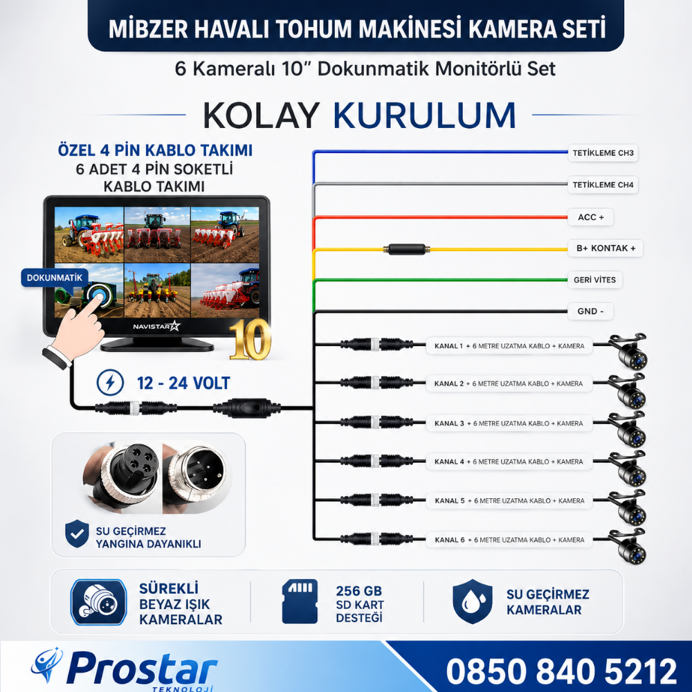 Mibzer için 6 Kameralı 10 inç Dokunmatik Monitör Altıya Bölen Kayıtlı 256 Gb Sd Kart Destekli