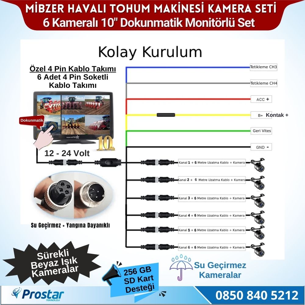 Mibzer için 6 Kameralı 10 inç Dokunmatik Monitör Altıya Bölen Kayıtlı 256 Gb Sd Kart Destekli